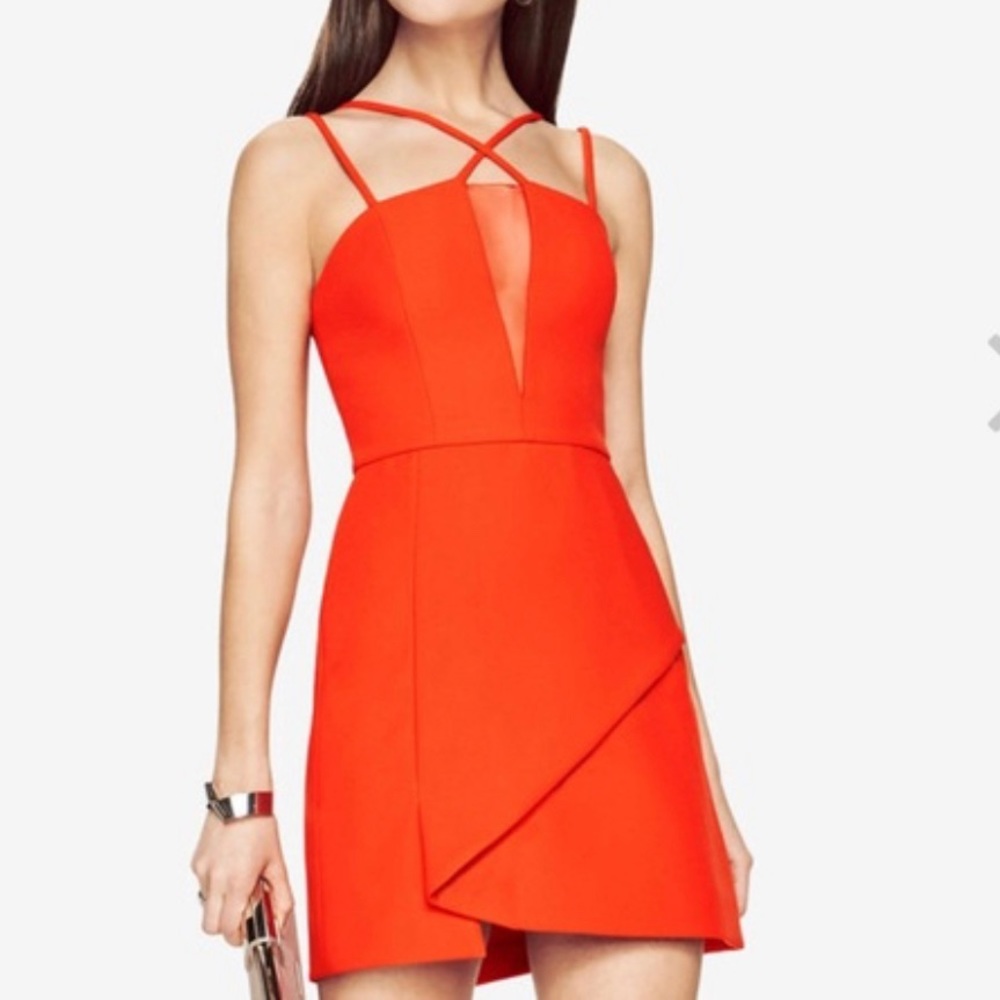 BCBGMAXAZRIA Red-Orange Strappy Mini Cocktail Dress